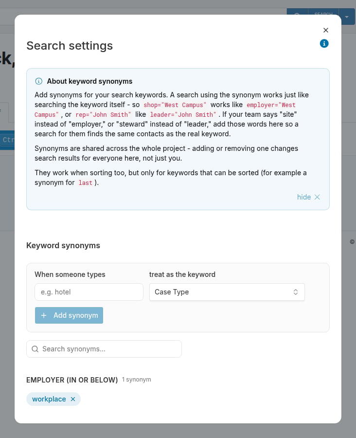 Search settings dialog showing keyword synonyms