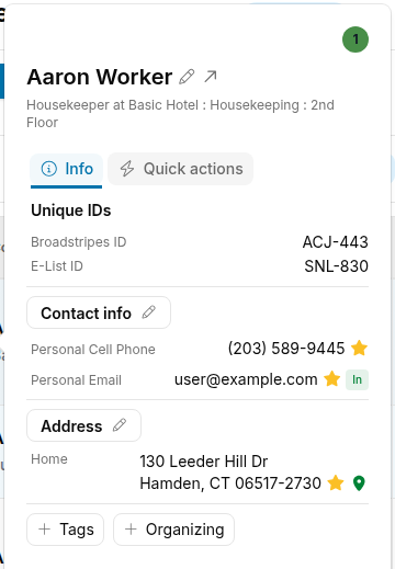 Search results showing the Quick view dialog for a person
