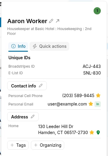 Search results showing the Quick view dialog for a person