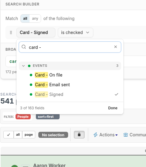 Search builder with Card - Signed selected as the field