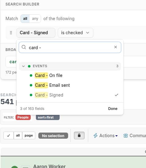 Search builder with Card - Signed selected as the field