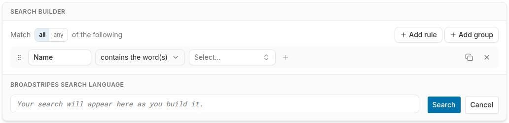 The search builder panel with a default rule