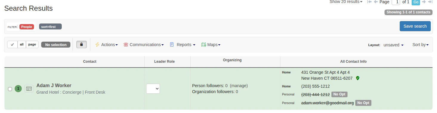 Search results showing filter badges and contact data