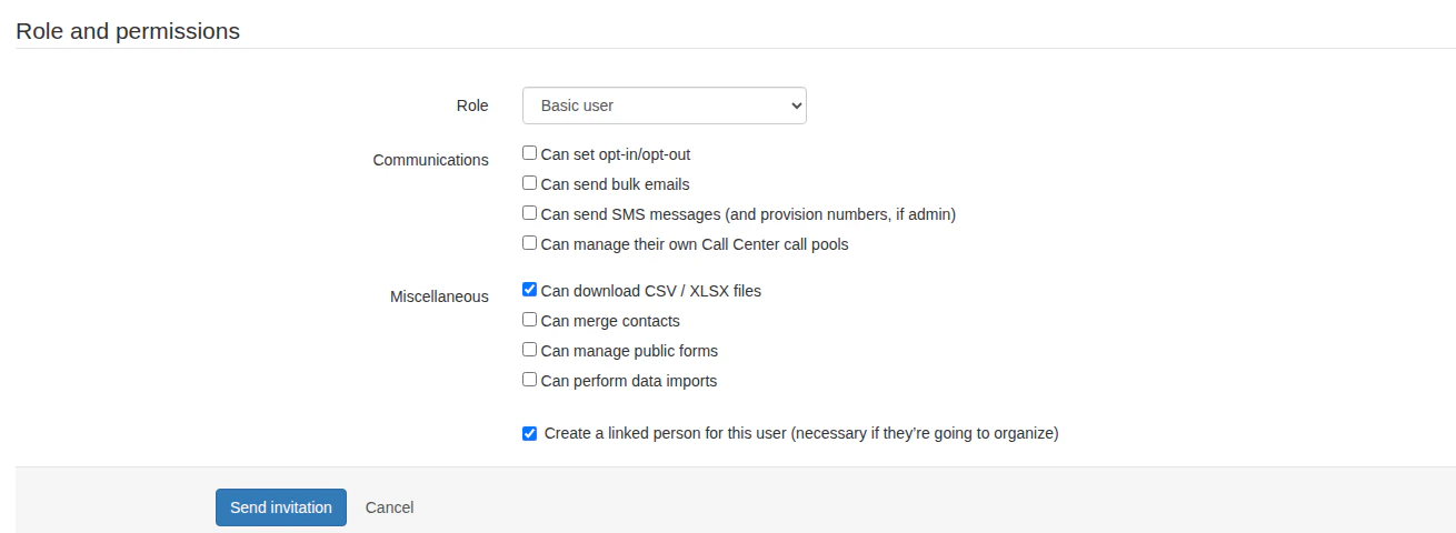 Role and permissions section of the Invite member form, showing the Basic user role and the Communications and Miscellaneous permission checkboxes including Can manage public forms and Can perform data imports
