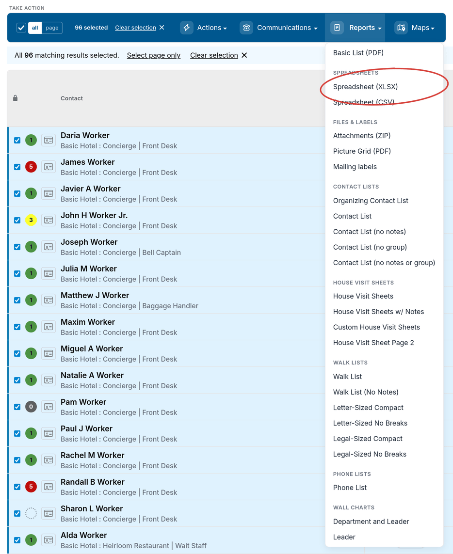 Reports menu open with the Spreadsheet XLSX option highlighted