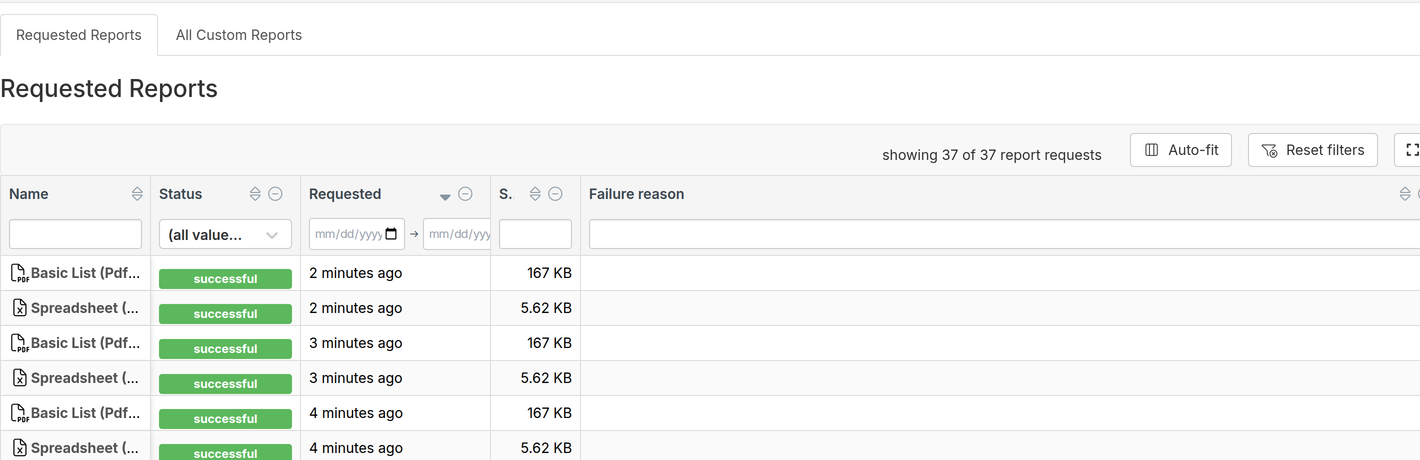 Requested Reports page listing generated reports and their status