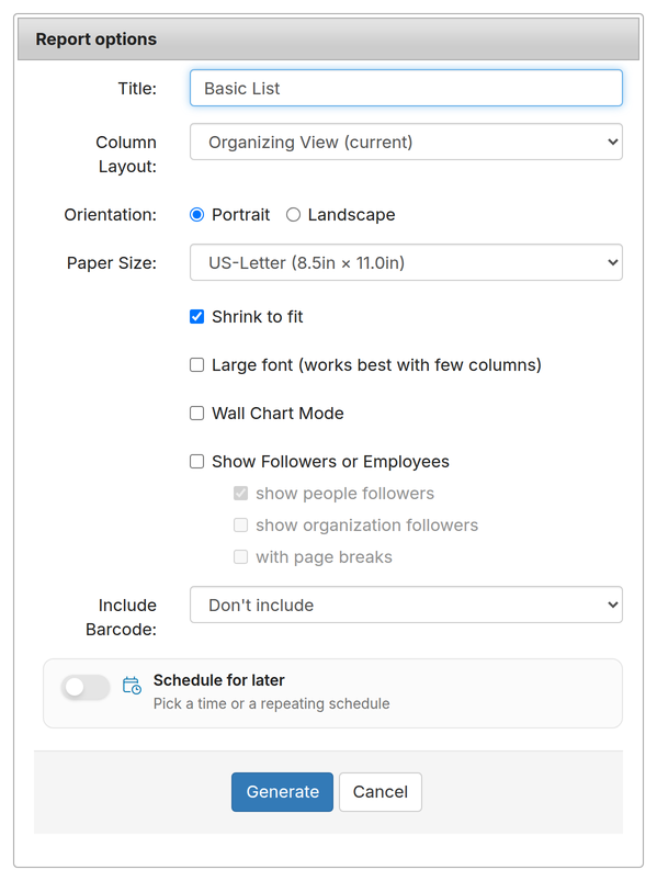 Report options dialog for a basic list PDF