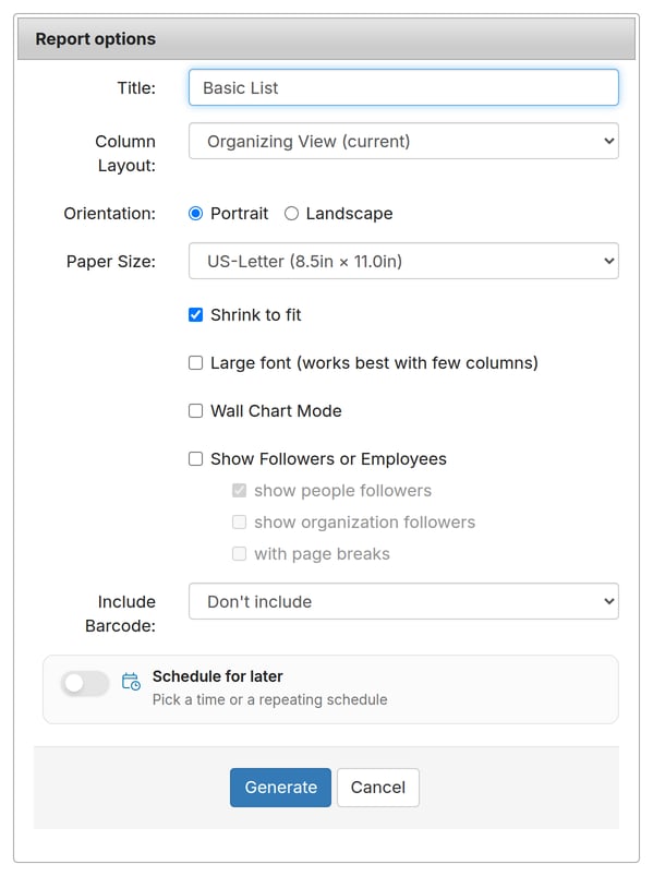 Report options dialog for a basic list PDF