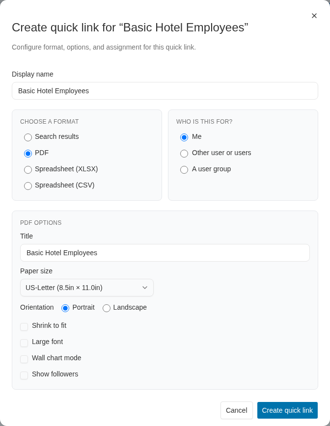 Create quick link dialog with PDF format options