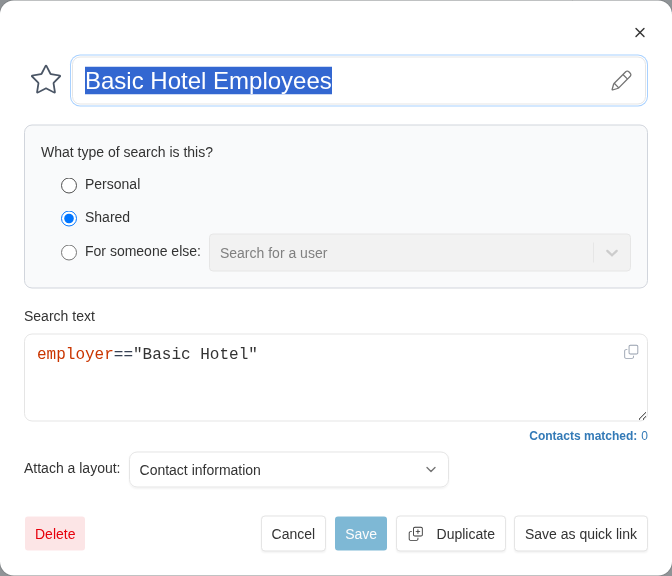 Saved search dialog showing the Save as quick link button in the footer