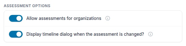 Assessment options panel with toggle switches below the assessment codes table