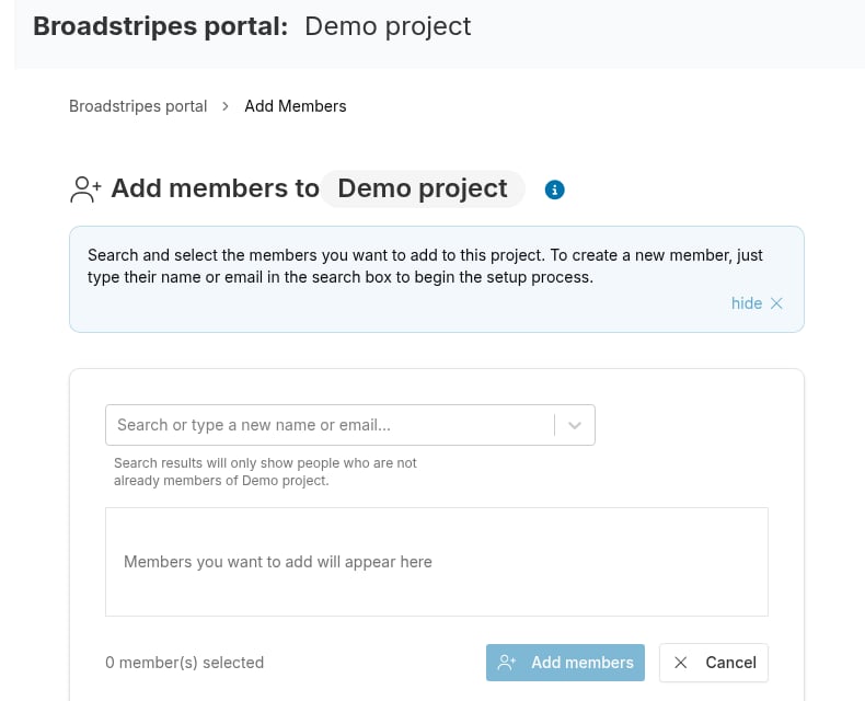 Add members page with the member search box and selected members area