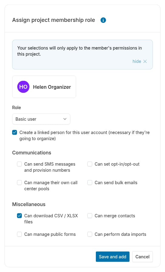 Assign project membership role dialog with Role dropdown and permission checkboxes