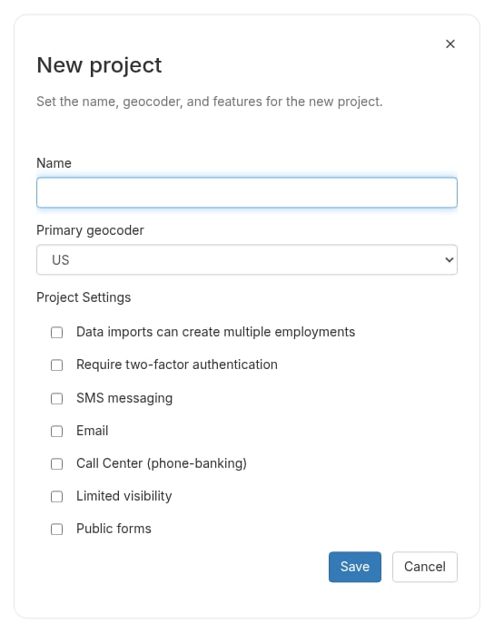 New project dialog with Name field, Primary geocoder dropdown, and Project Settings checkboxes