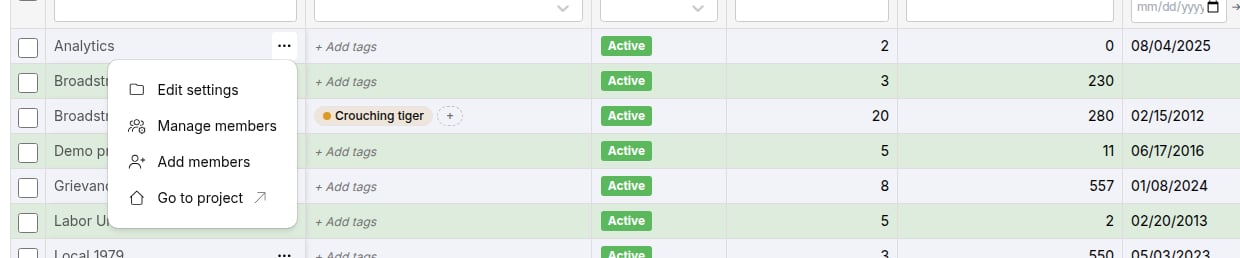 Project actions menu with Edit settings, Manage members, Add members, and Go to project