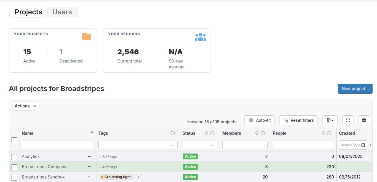 Union portal Projects tab with the New project button above the projects table