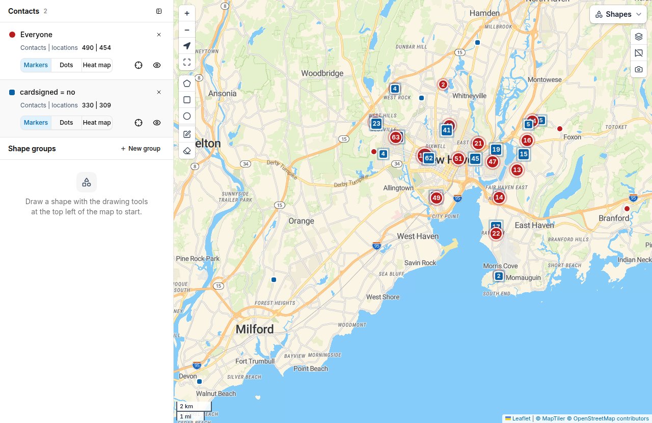 Contacts are shown with markers: Broadstripes automatically groups and displays a count of contacts in each section of the map.