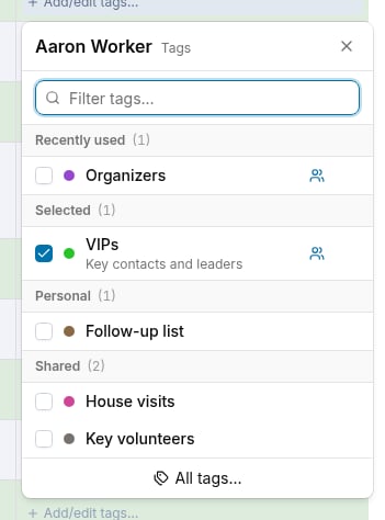 Tag picker dialog showing recently used, selected, personal, and shared tag bands