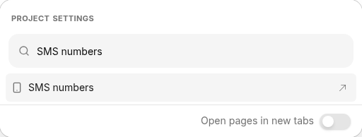 Typing SMS numbers in the Project settings menu