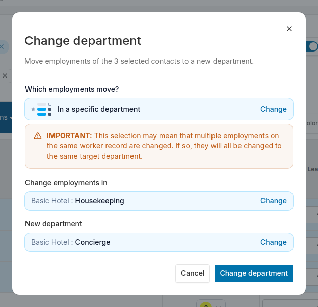 Change department dialog with In a specific department chosen, showing the multiple-employments warning, the Change employments in field set to Housekeeping, and the New department field set to Concierge