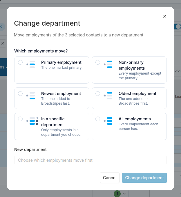 Change department dialog showing the six employment scope choices