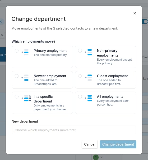 Change department dialog showing the six employment scope choices