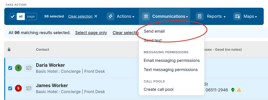 Communications dropdown menu open with the Send email option highlighted