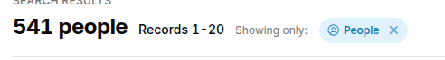 Search results header showing the total count, the Records 1-20 page range, and a People scope chip