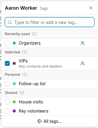 Tag picker dialog showing recently used, selected, personal, and shared tag bands