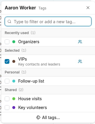 Tag picker dialog showing recently used, selected, personal, and shared tag bands
