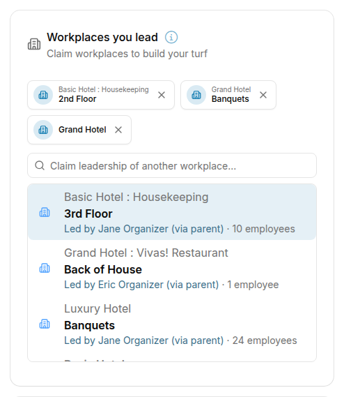 Workplaces you lead card on the Home tab