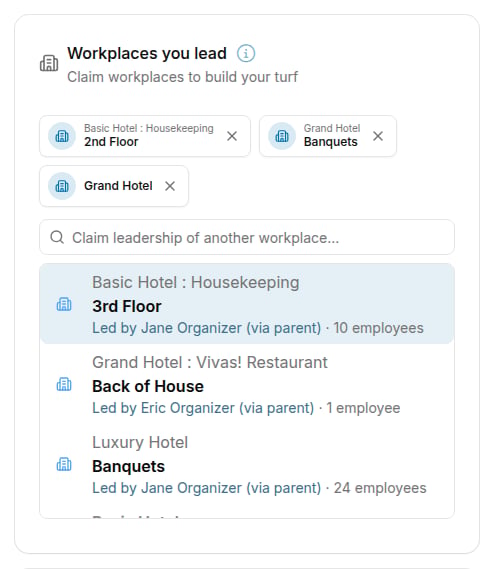 Workplaces you lead card on the Home tab