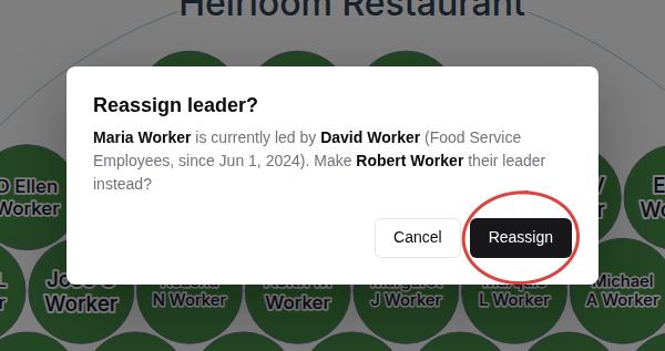 Reassign leader confirmation dialog