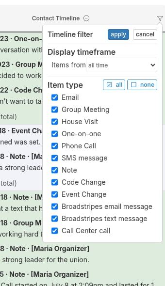 Timeline filter options