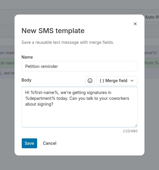 New SMS template dialog with Name and Body fields