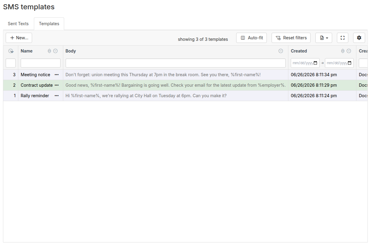 SMS Templates page showing the templates table