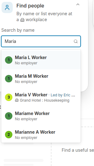 Name suggestions appearing as you type in the Find people card