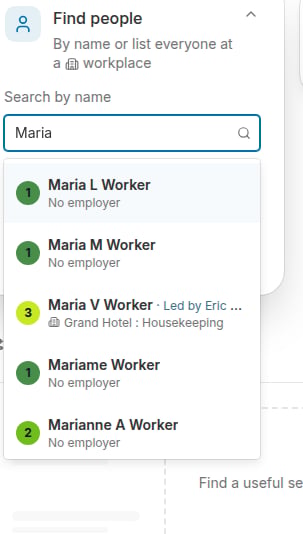 Name suggestions appearing as you type in the Find people card