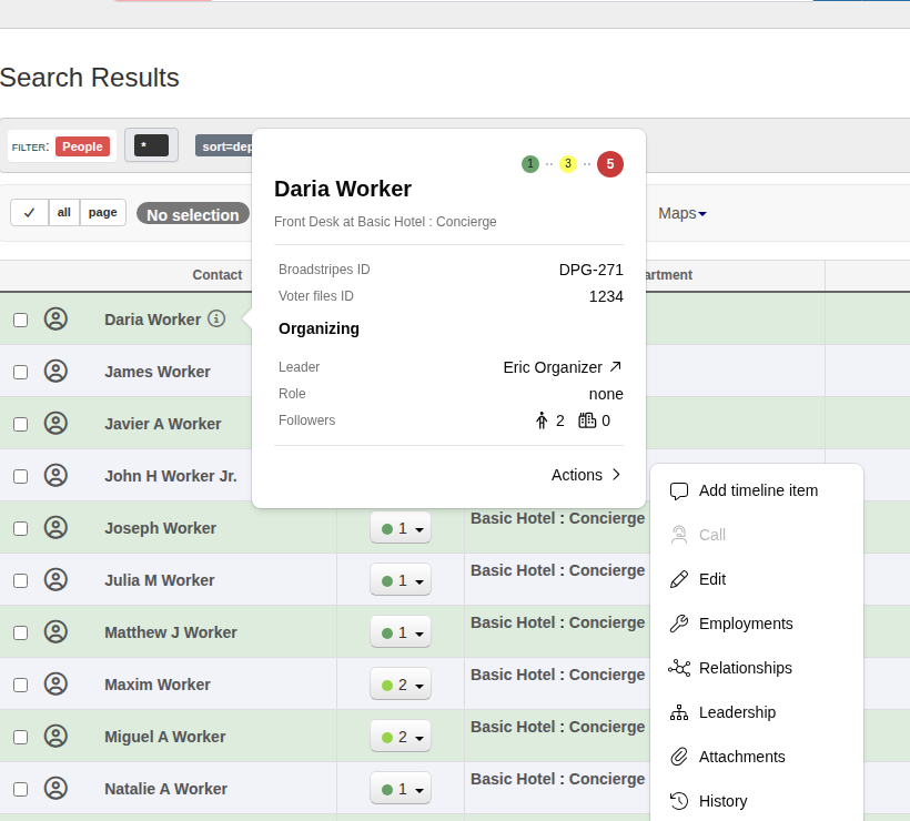 Entity info popover showing the Actions menu with options including Edit