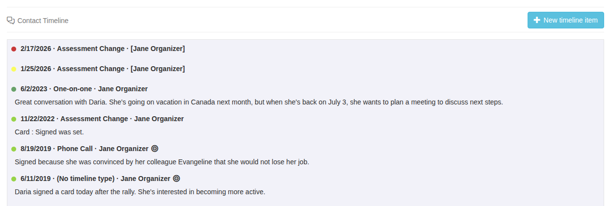 Contact Timeline section on the Overview tab with the New timeline item button and existing entries
