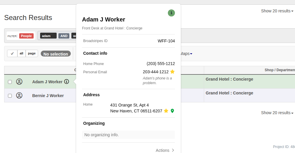 Search results showing the contact info popover for a person