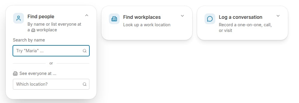 The Find people card expanded, showing the Search by name and Which location fields