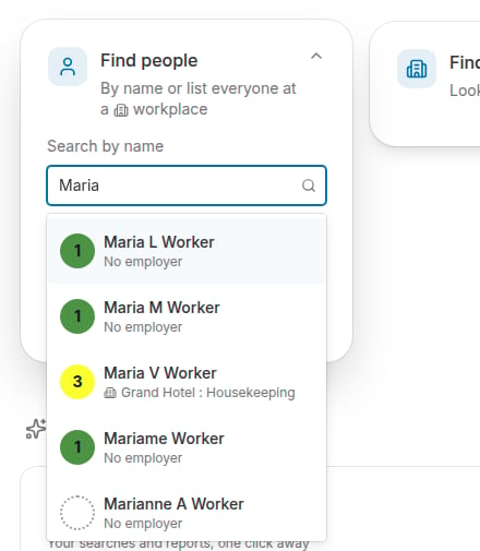 Name suggestions appearing as you type in the Find people card