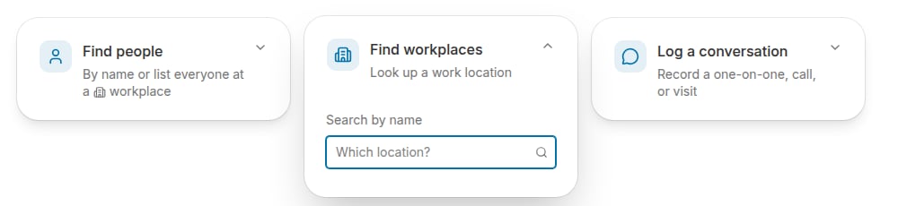 The Find workplaces card expanded, showing the location search field