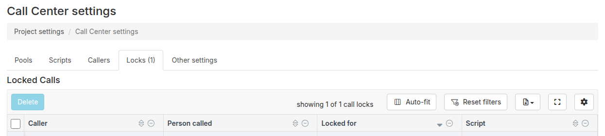 Locks tab in Call Center settings, showing a Locked Calls table with the caller name, person called, lock duration, and script, plus a ••• menu next to each caller for releasing the lock