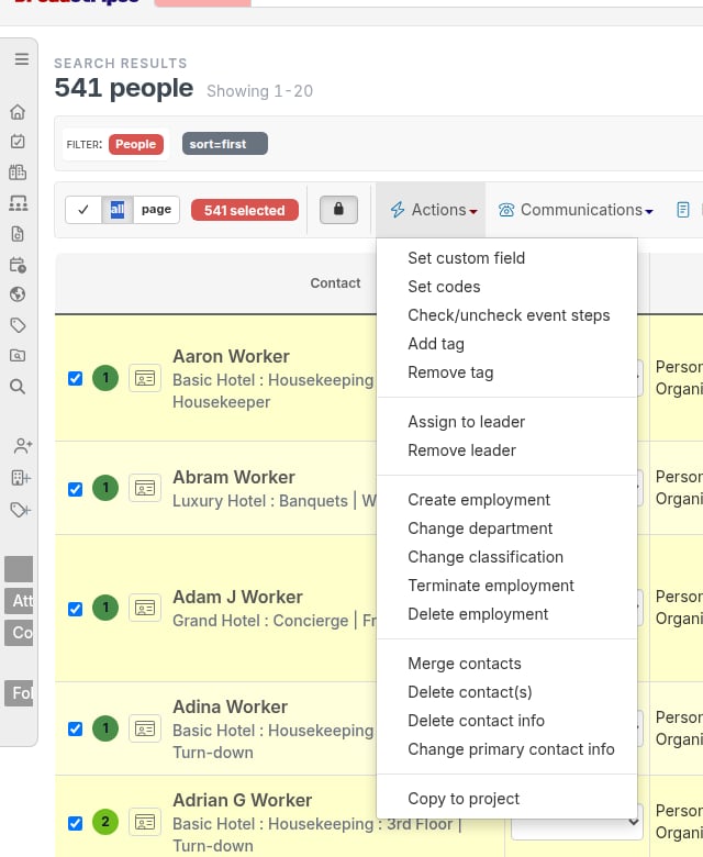 Bulk actions menu