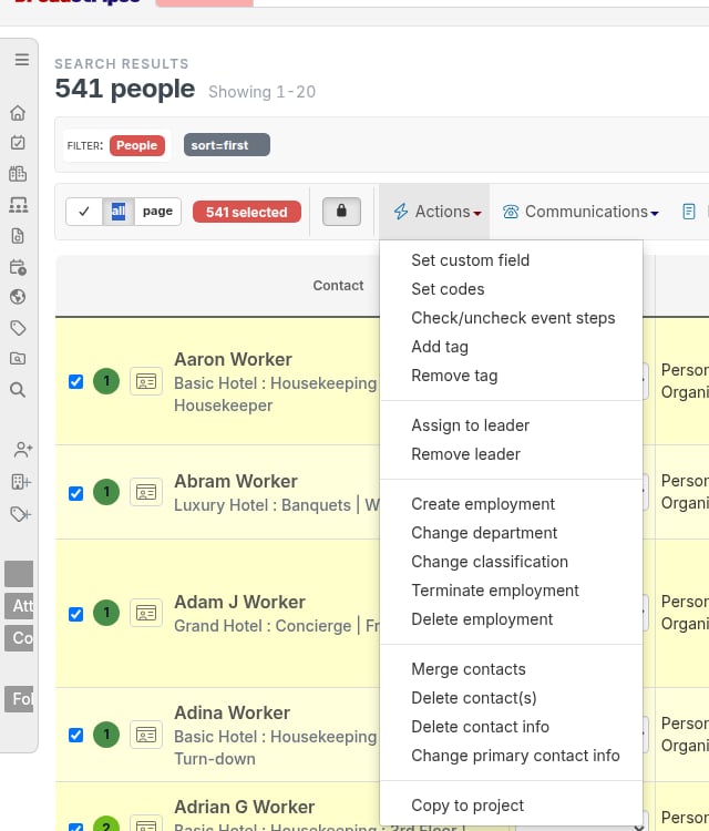 Set assessments option in the Actions menu