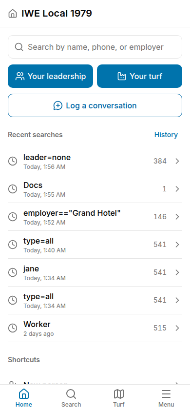 Phone home screen with the search field, Your leadership and Your turf buttons, Log a conversation, recent searches, and the bottom bar