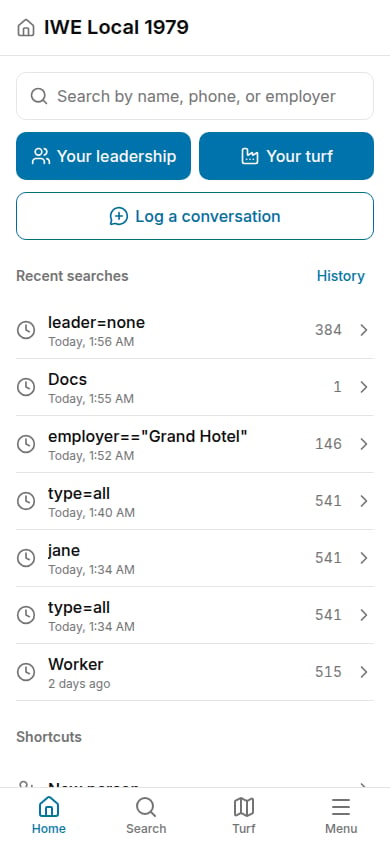 Phone home screen with the search field, Your leadership and Your turf buttons, Log a conversation, recent searches, and the bottom bar