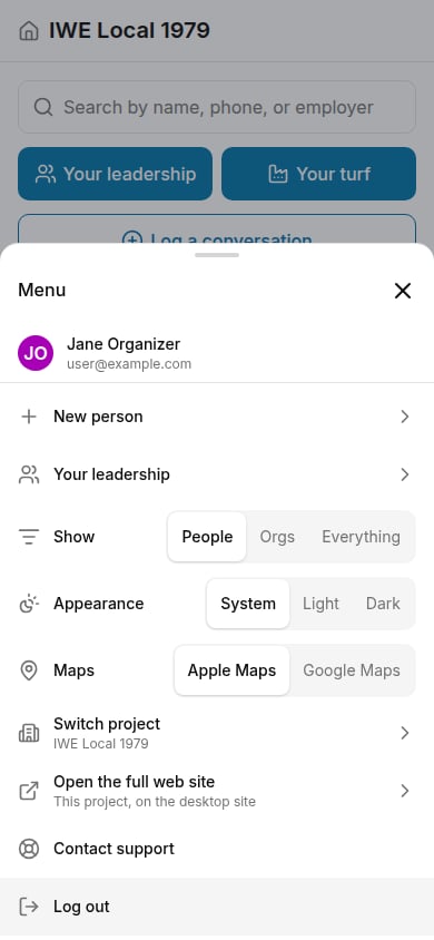 Phone menu with Show, Appearance, Maps, Switch project, Open the full web site, Contact support, and Log out